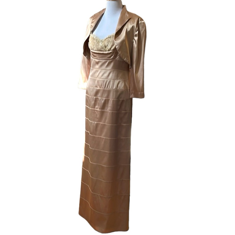 ADRIANNA PAPELL FLOOR LENGTH SATIN EVENING DRESS WITH BOLERO JACKET GOLD SIZE 10